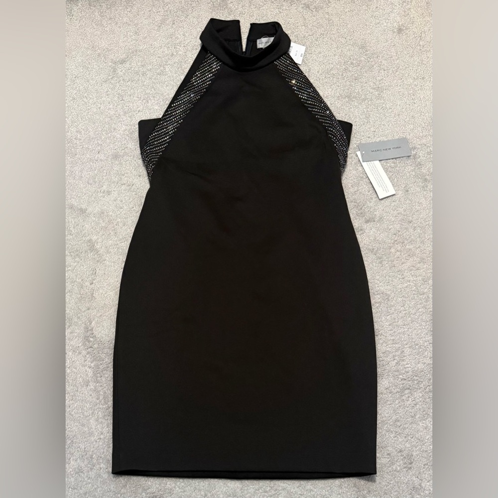 Marc New York Black Halter Midi Dress with Rhinestone Side Panels